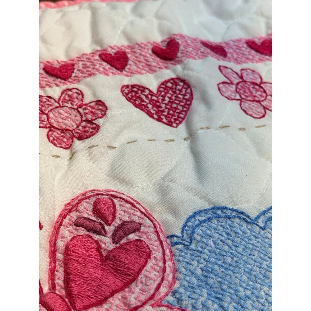 Adorable princess toddler bed quilt. Approx 42X30 in hand made cross-stitched